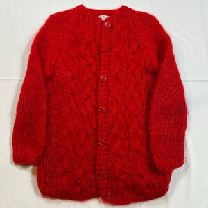 Vintage Early 1970s Italian Mohair Wool Cardigan | Hand Knit Red Cable - S